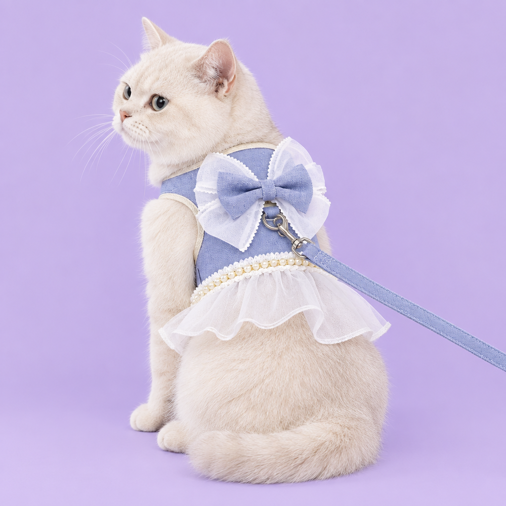 British shorthair in blue ruffled harness on lavender