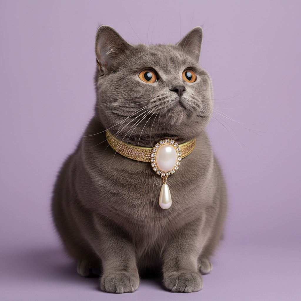 Blue British Shorthair cat with amber eyes sitting tall and gazing upward wearing a gold glitter breakaway cat collar with a large oval pearl centerpiece, rhinestone surround, and pearl teardrop pendant