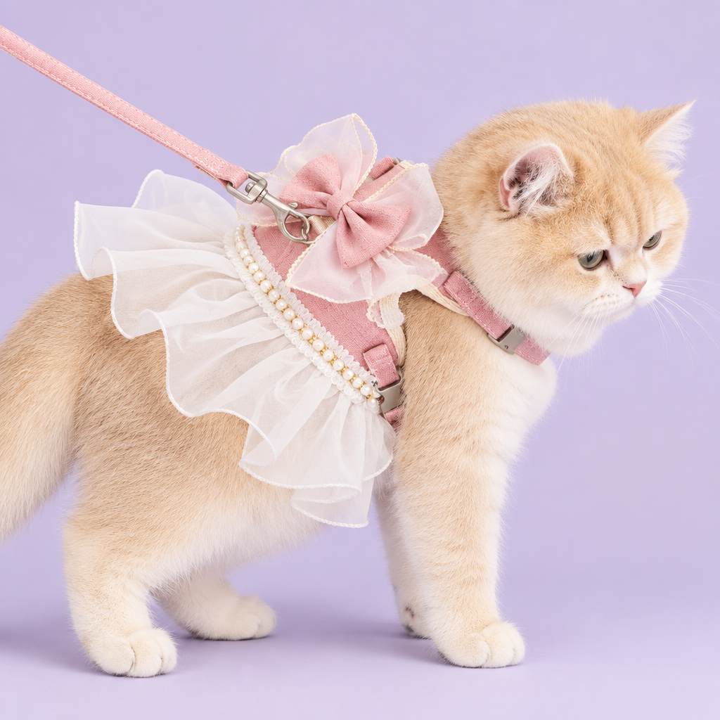 British shorthair in pink ruffled harness