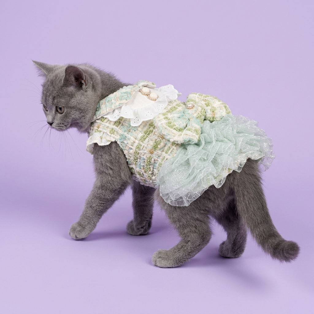British Shorthair in the green tweed dress