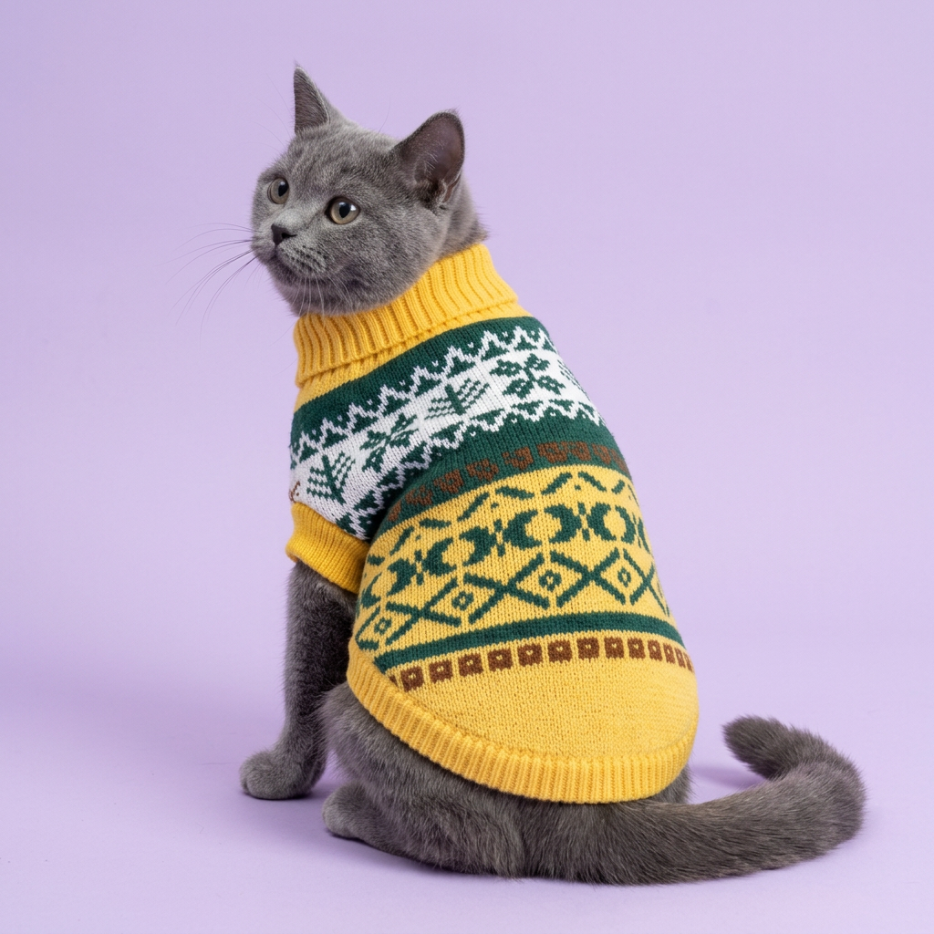 British Shorthair in the yellow-and-green sweater