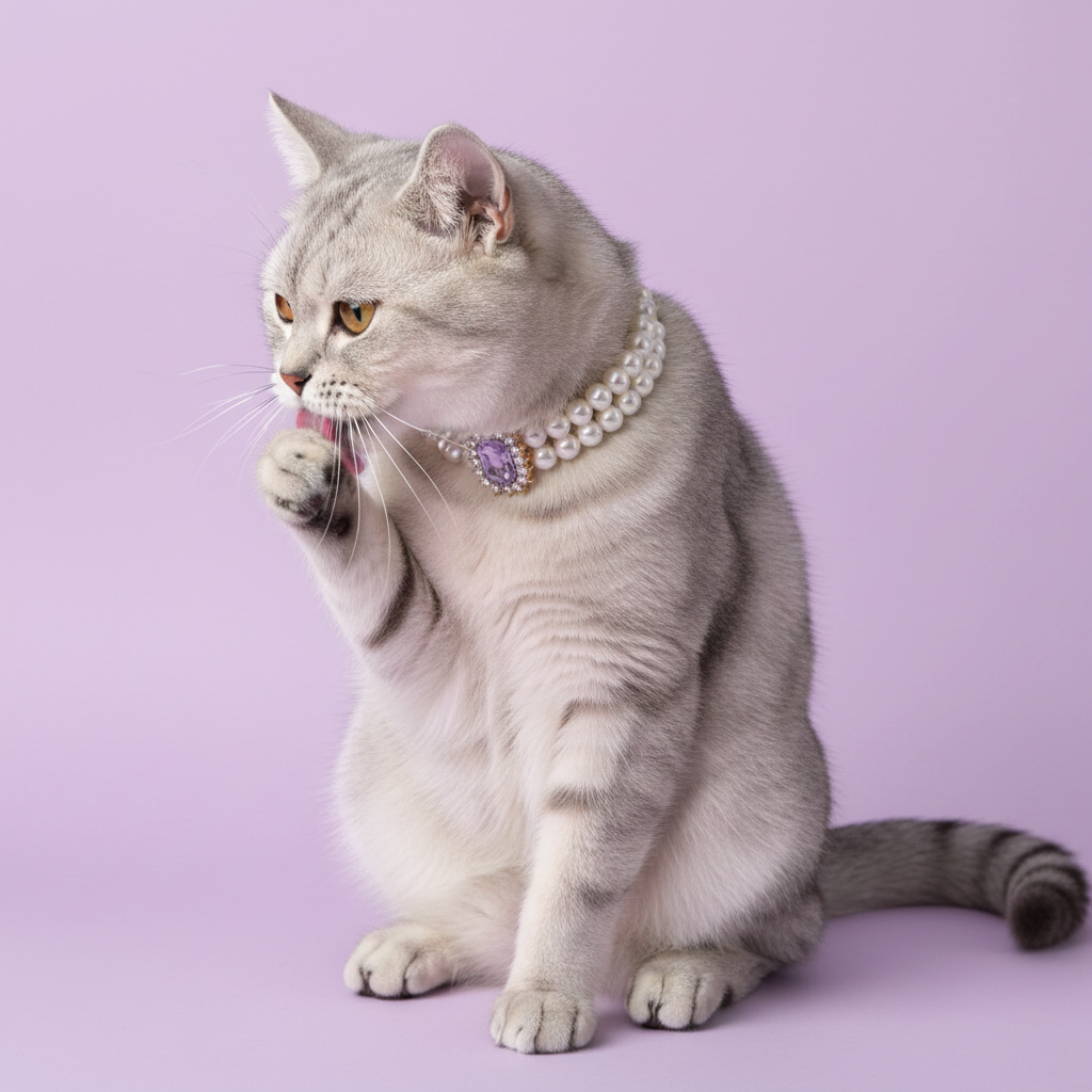 Silver British Shorthair cat grooming paw wearing luxury double-strand pearl cat collar with lavender amethyst crystal centerpiece on lavender background
