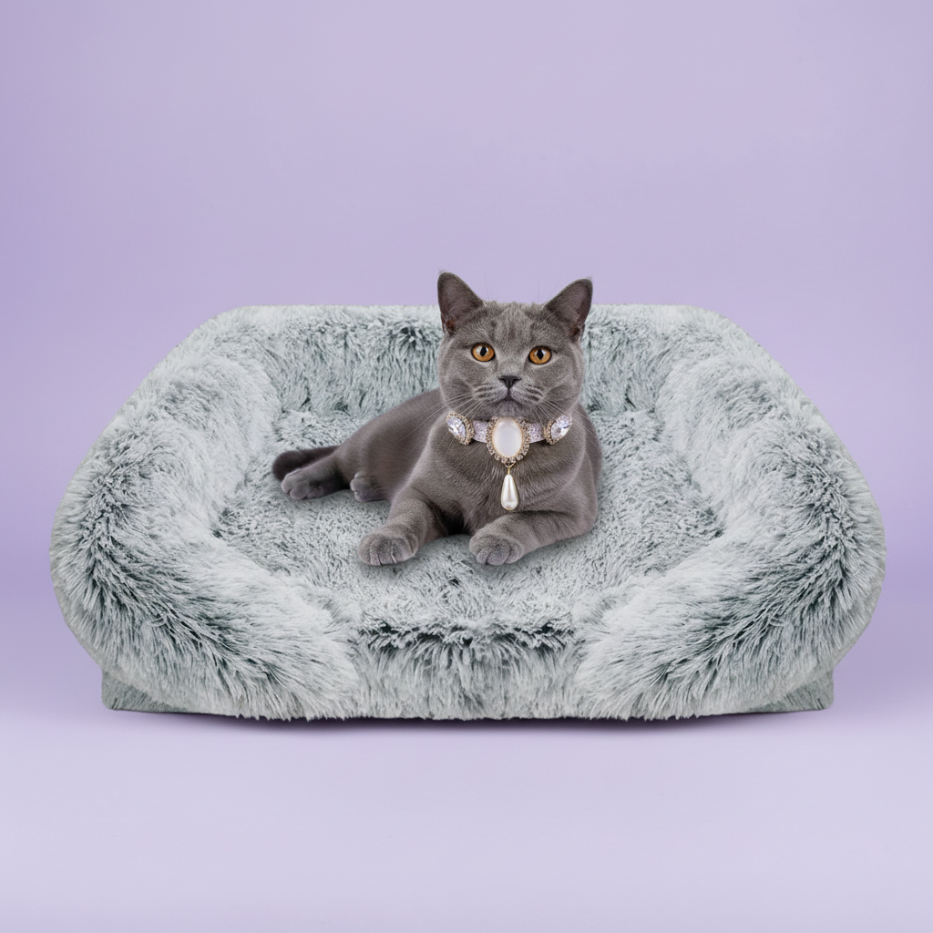 British Shorthair cat wearing a silver and opal pendant collar lounging on a light grey long shaggy faux fur rectangular pet sofa bed against a soft lavender background