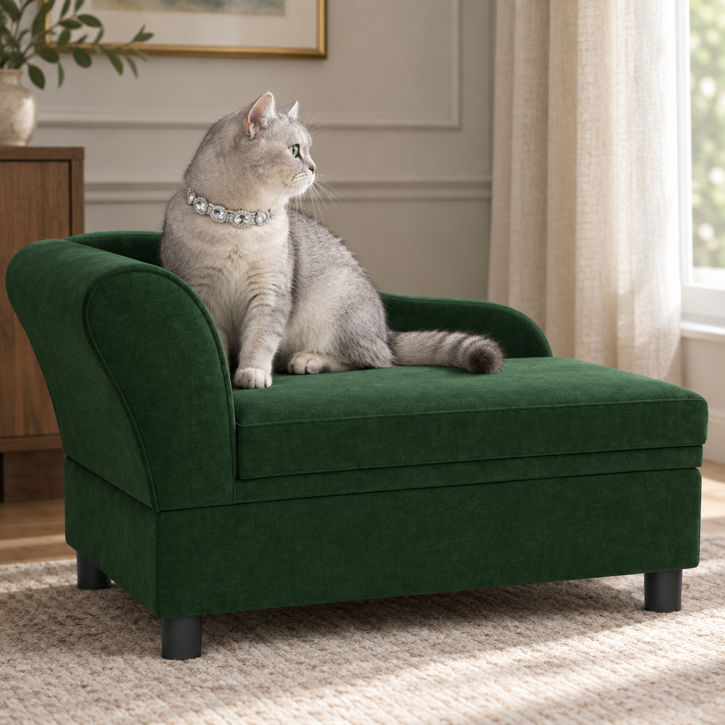 British Shorthair on the green pet couch wearing the clear gemstone collar
