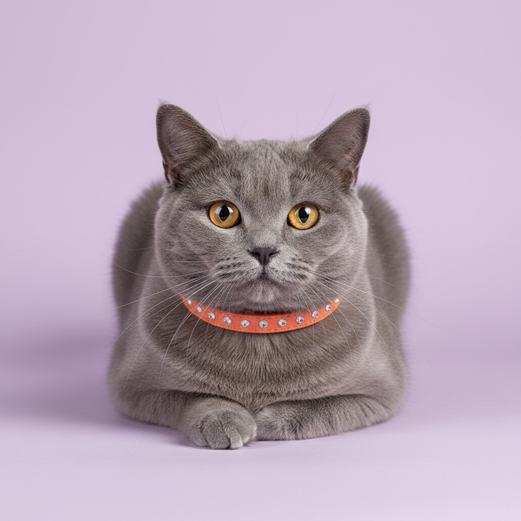 Grey British Shorthair cat wearing an orange rhinestone crystal leather cat collar, loaf pose full body studio portrait on lavender background