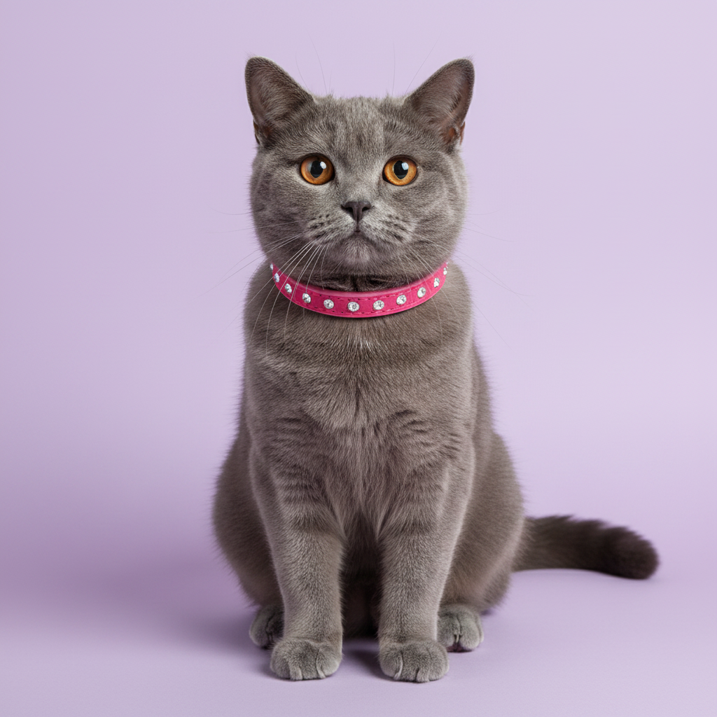 Grey British Shorthair cat with amber eyes wearing a hot pink rhinestone crystal leather cat collar, seated full body studio portrait on lavender background