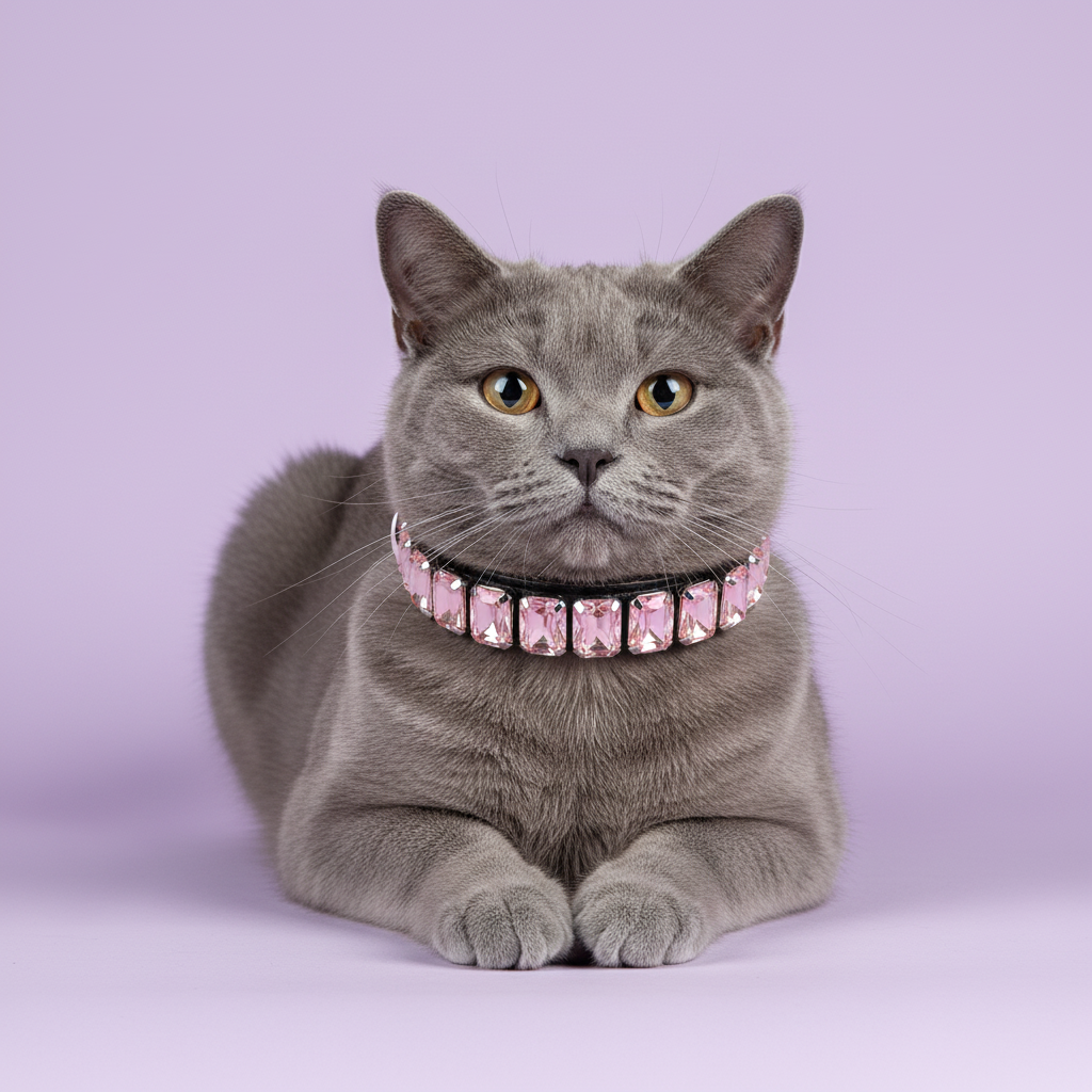 Grey British Shorthair cat sitting and wearing a pink rhinestone collar against a soft lavender studio background.