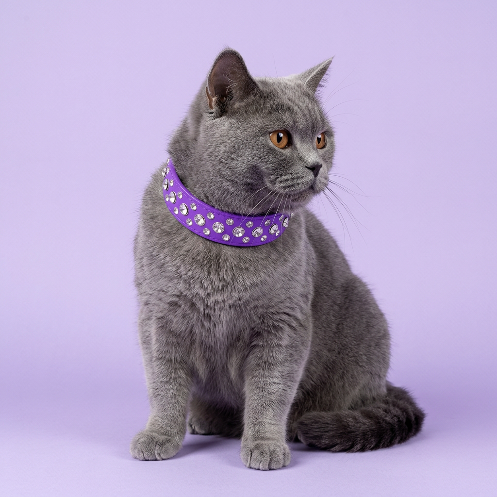 British Shorthair sitting three-quarters gazing aside, wearing the wide purple rhinestone collar