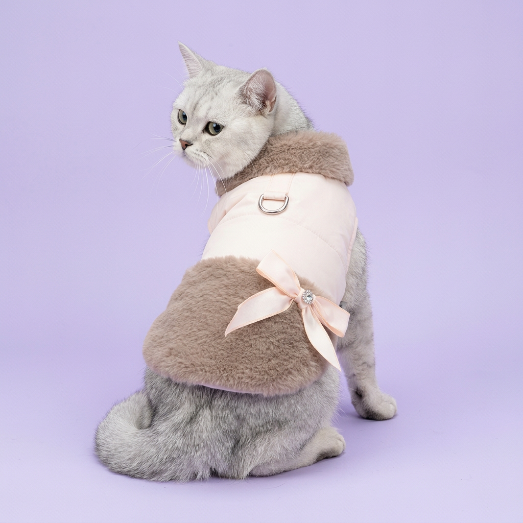British Shorthair wearing the blush and taupe sleeveless coat on lavender