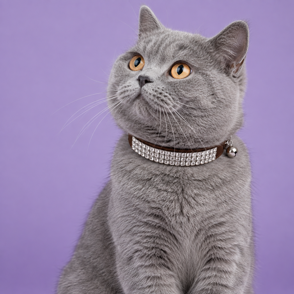 British Shorthair wearing the brown crystal collar