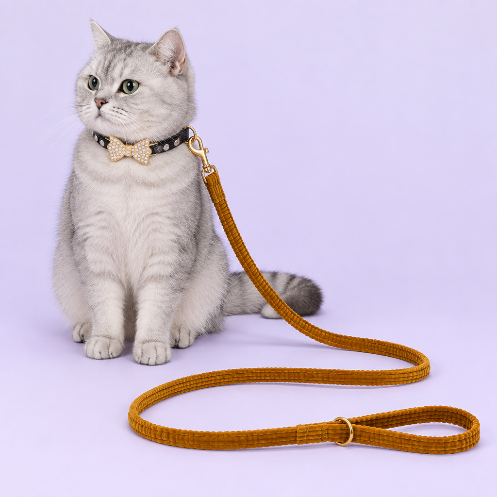 British shorthair with gold bow collar and mustard corduroy leash