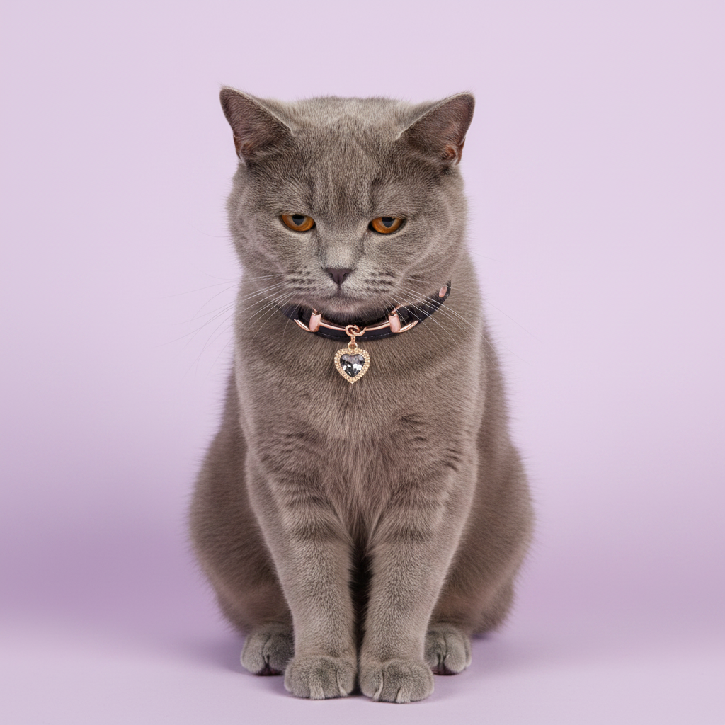 Grey British Shorthair cat with amber eyes seated upright and facing forward, wearing a black leather pet collar with rose gold snaffle-bit hardware and a grey crystal heart charm pendant, on a soft lavender background