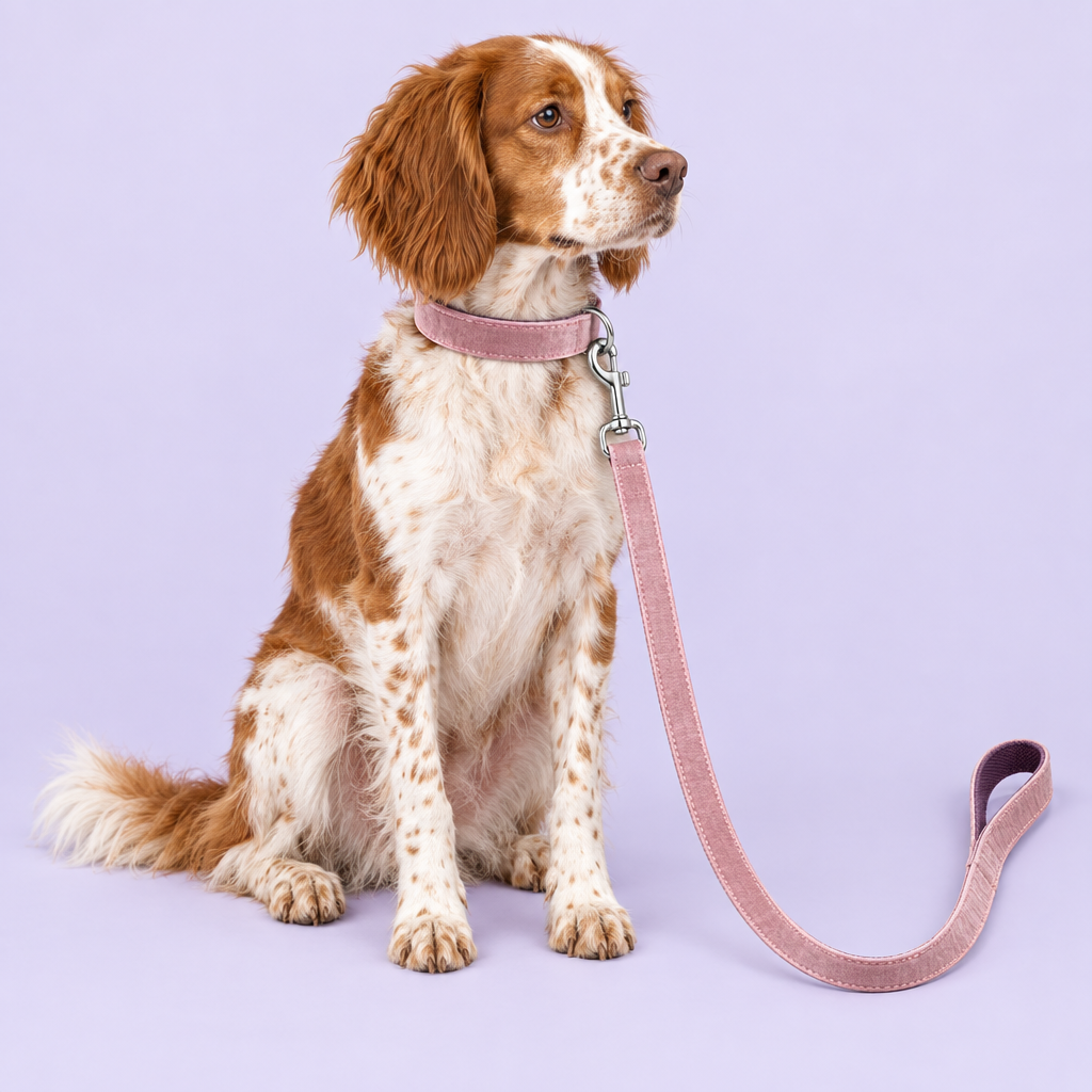 Brittany wearing blush pink velvet collar and four-foot leash