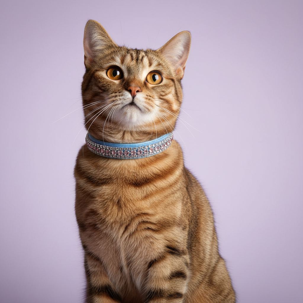 Brown-and-orange tabby cat in the light-blue velvet collar with pink trim
