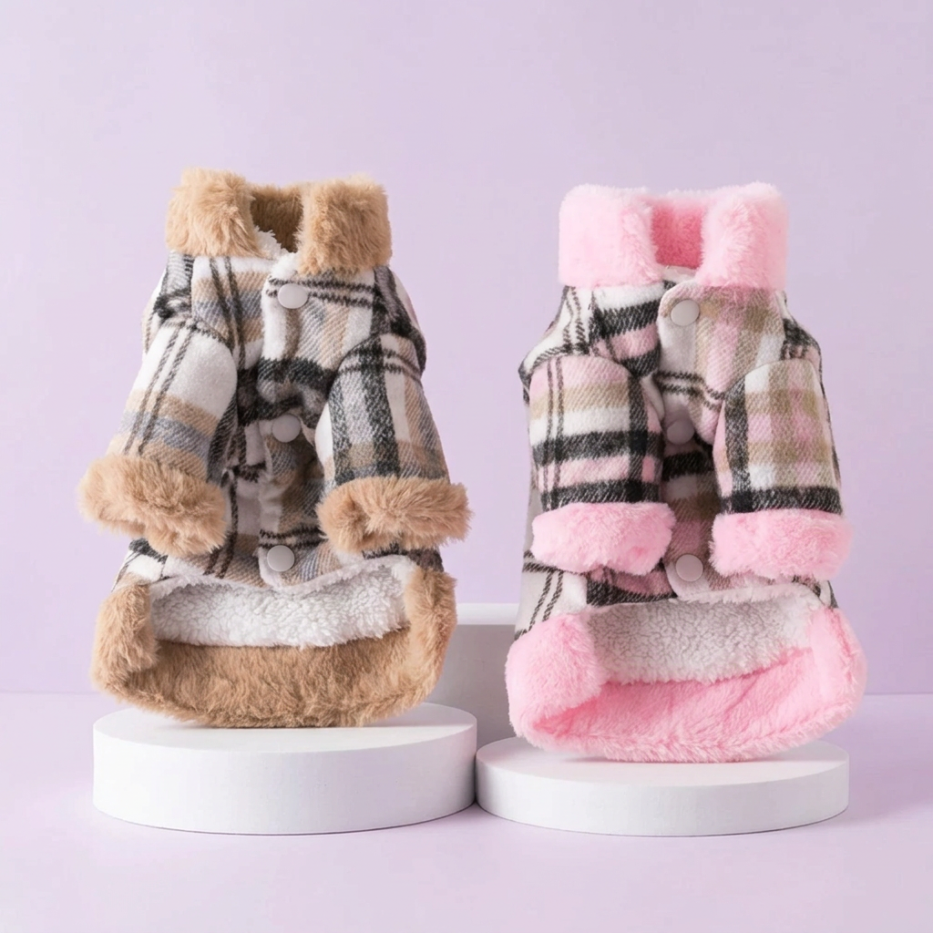 Brown and pink jackets, button-side display on white tiers against pale lavender