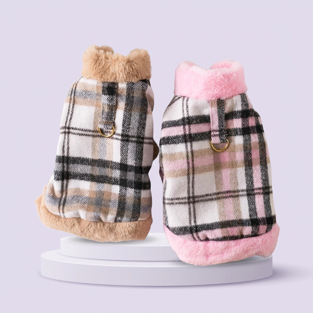 Brown and pink jackets, exterior display on white tiers against pale lavender