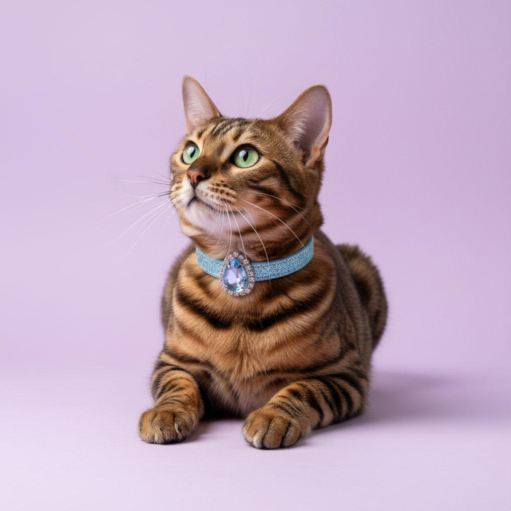 Brown Bengal cat in the Blue Sparkle collar