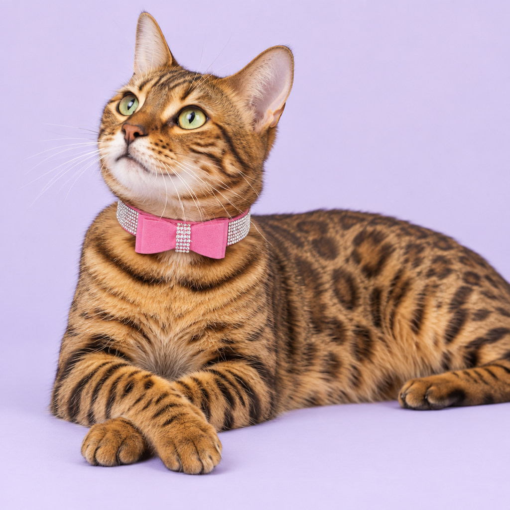 Brown Bengal cat reclining with an upward gaze