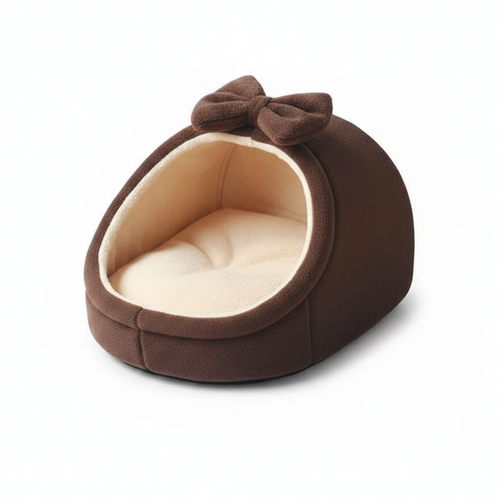 Rich brown plush igloo cat cave bed with matching bow detail and cream fleece interior, white background