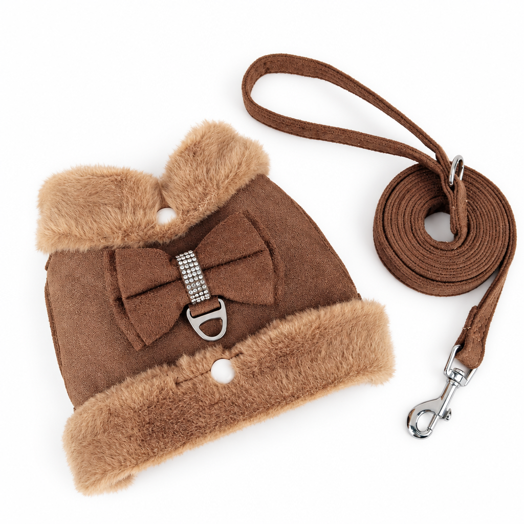 Brown harness and leash on a white background
