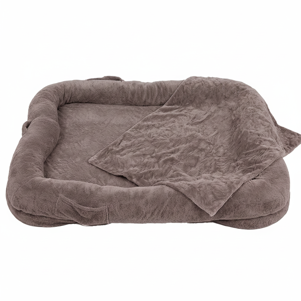 Oversized dusty taupe plush human-sized dog bed with bolster sides and matching faux fur blanket on white background
