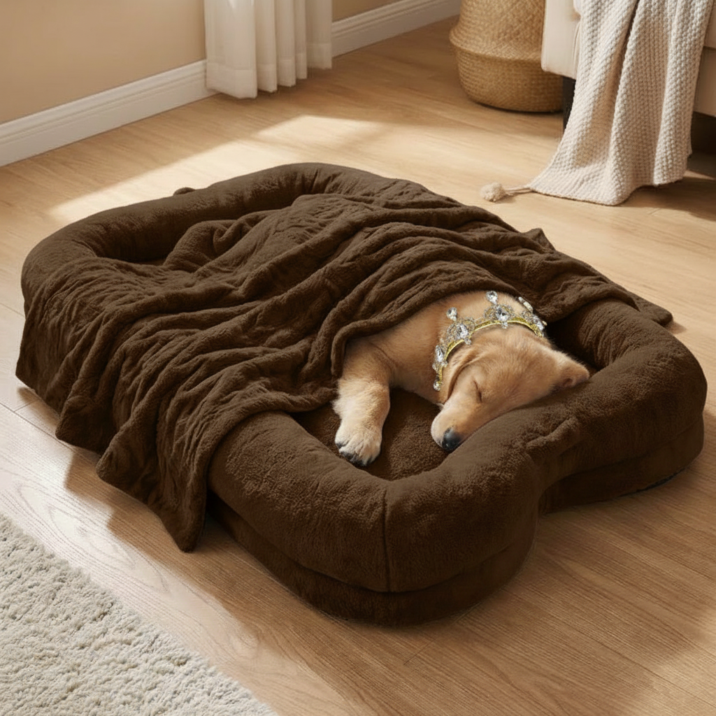 Golden Retriever wearing a crystal crown sleeping under a faux fur blanket on an oversized chocolate brown plush human-sized dog bed with bolster sides in a cozy living room