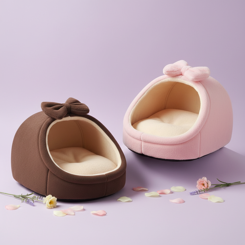 Rich brown and soft pink plush igloo cat cave beds with matching bow details and cream fleece interiors shown side by side, scattered pastel flower petals and dried lavender stems, lavender background