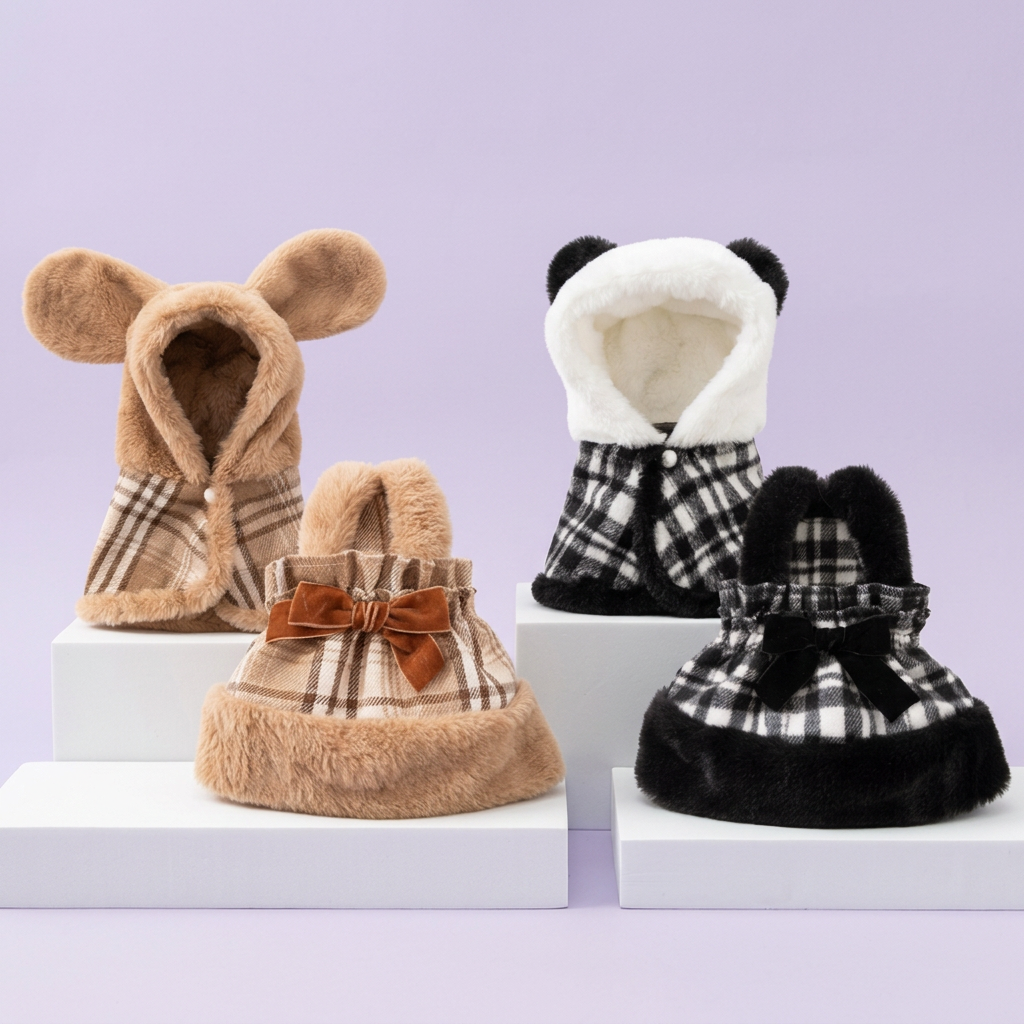 Brown plaid and black-and-white plaid cape and dress sets displayed on white tiers against soft lavender