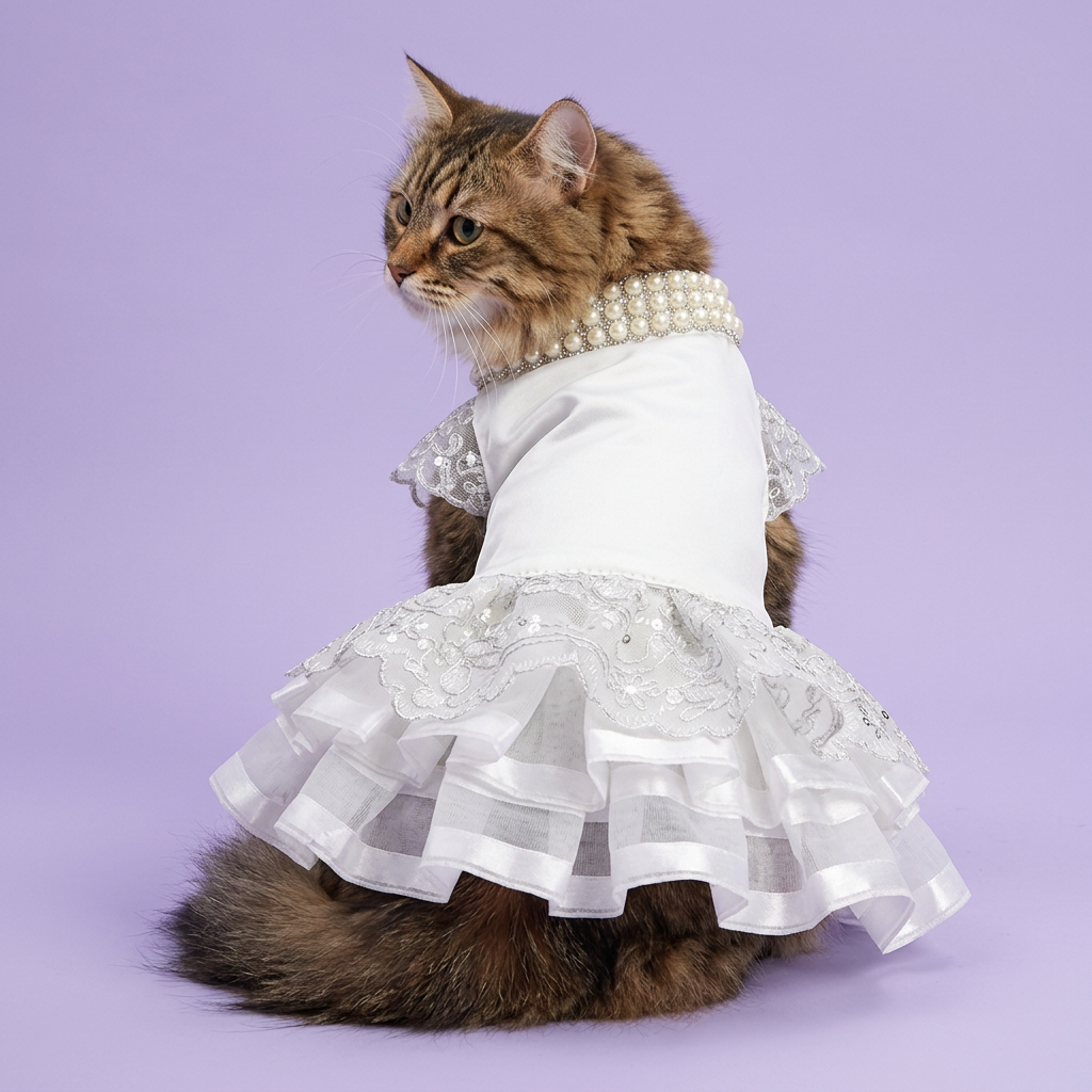 Brown tabby Siberian looking back to show the embroidered skirt