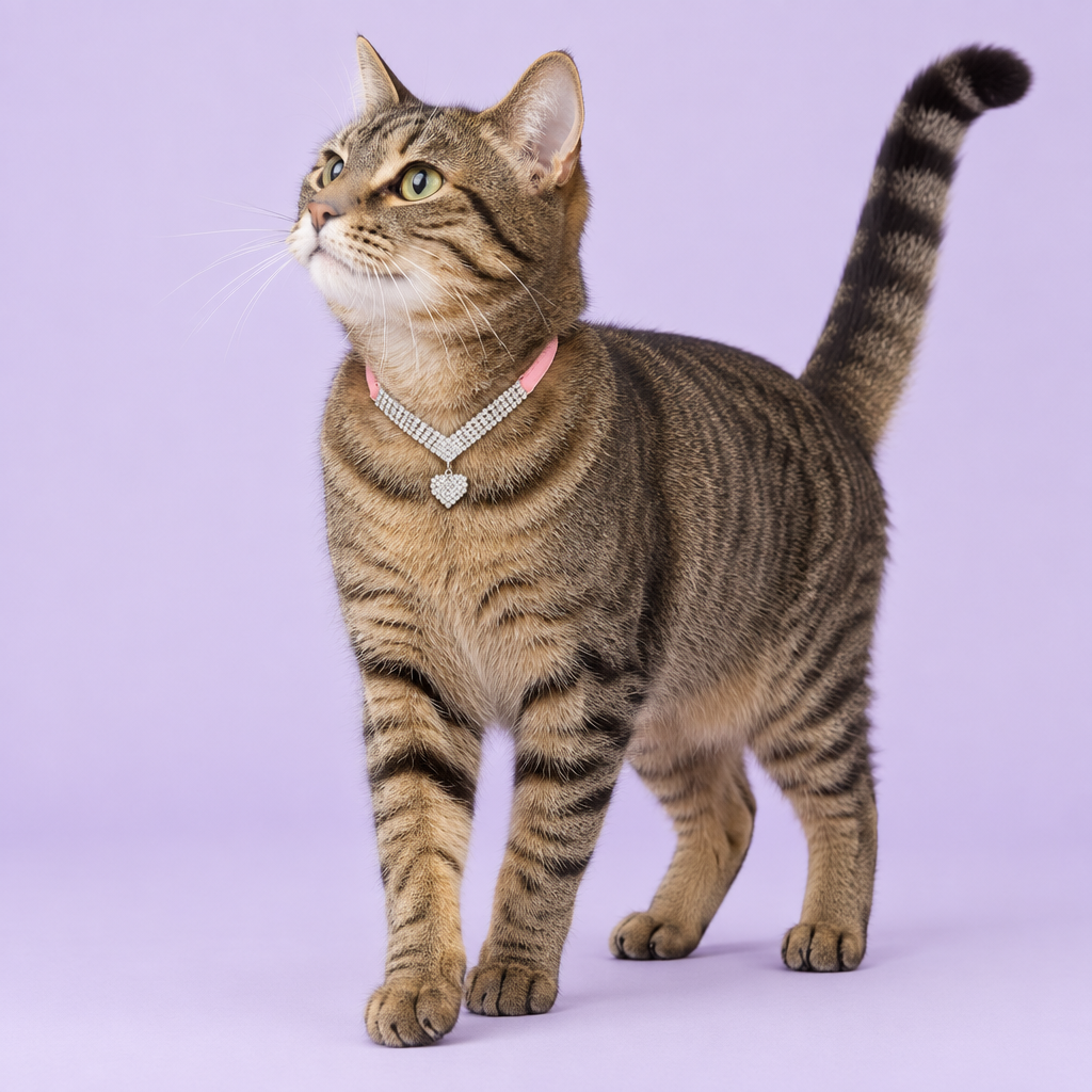 Brown tabby stepping forward and looking off-frame