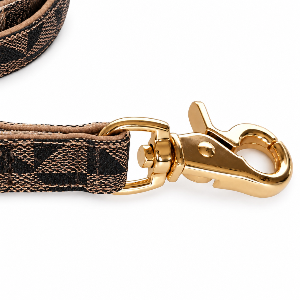 Brown triangular-pattern leash clasp close-up