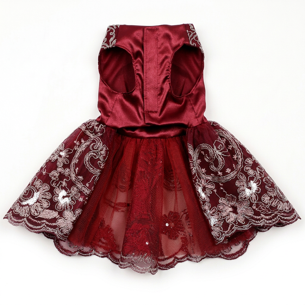Burgundy-red satin and embroidered pet dress on white