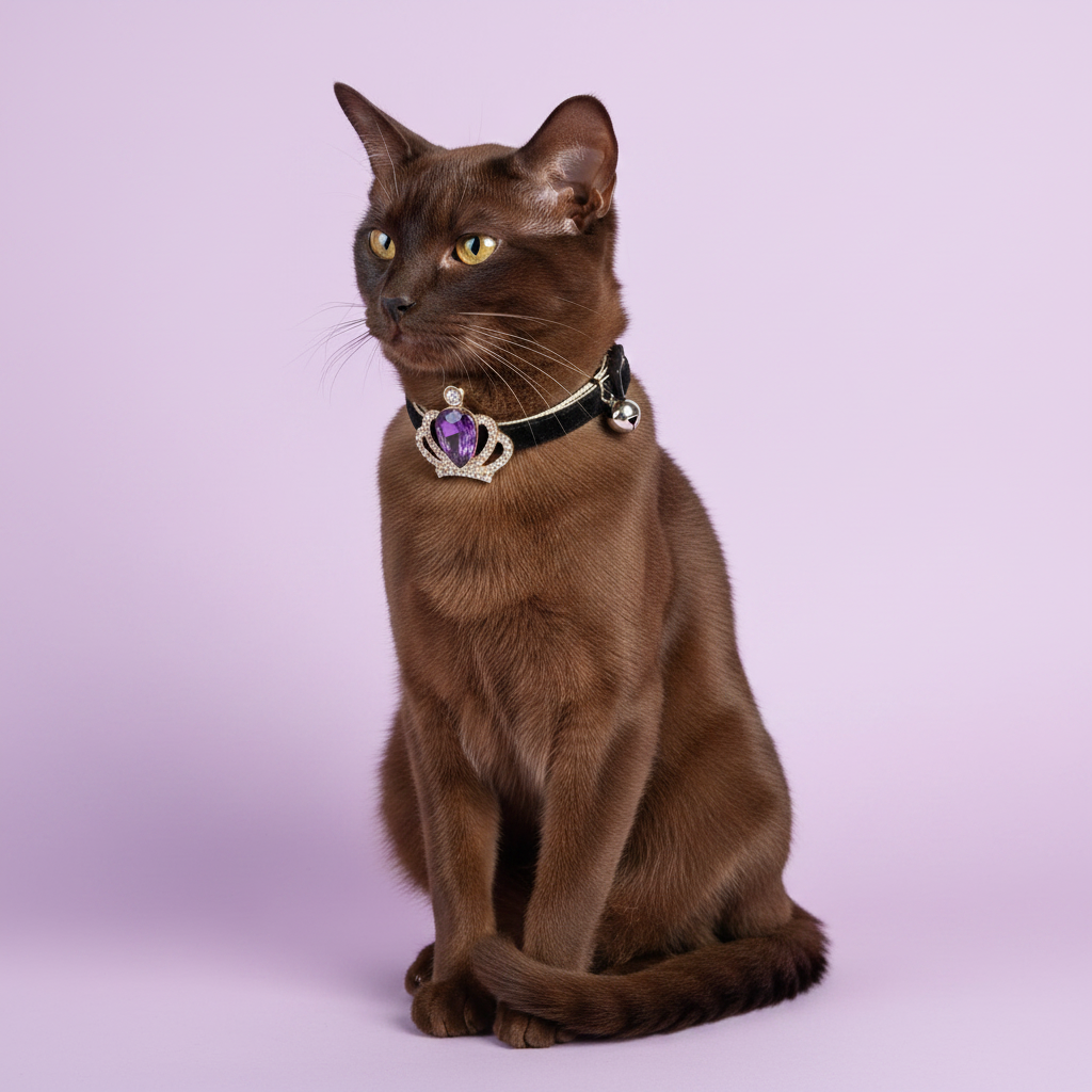 Burmese cat wearing black velvet cat collar with gold crown and purple amethyst teardrop gem pendant — luxury cat collar
