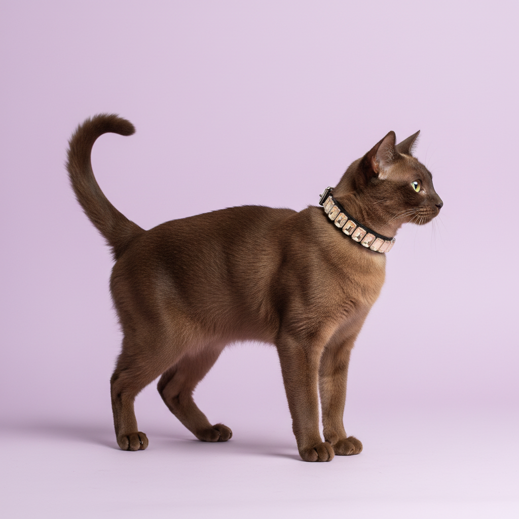 Chocolate brown Burmese cat standing in profile and wearing a champagne crystal rhinestone collar against a soft lavender studio background.