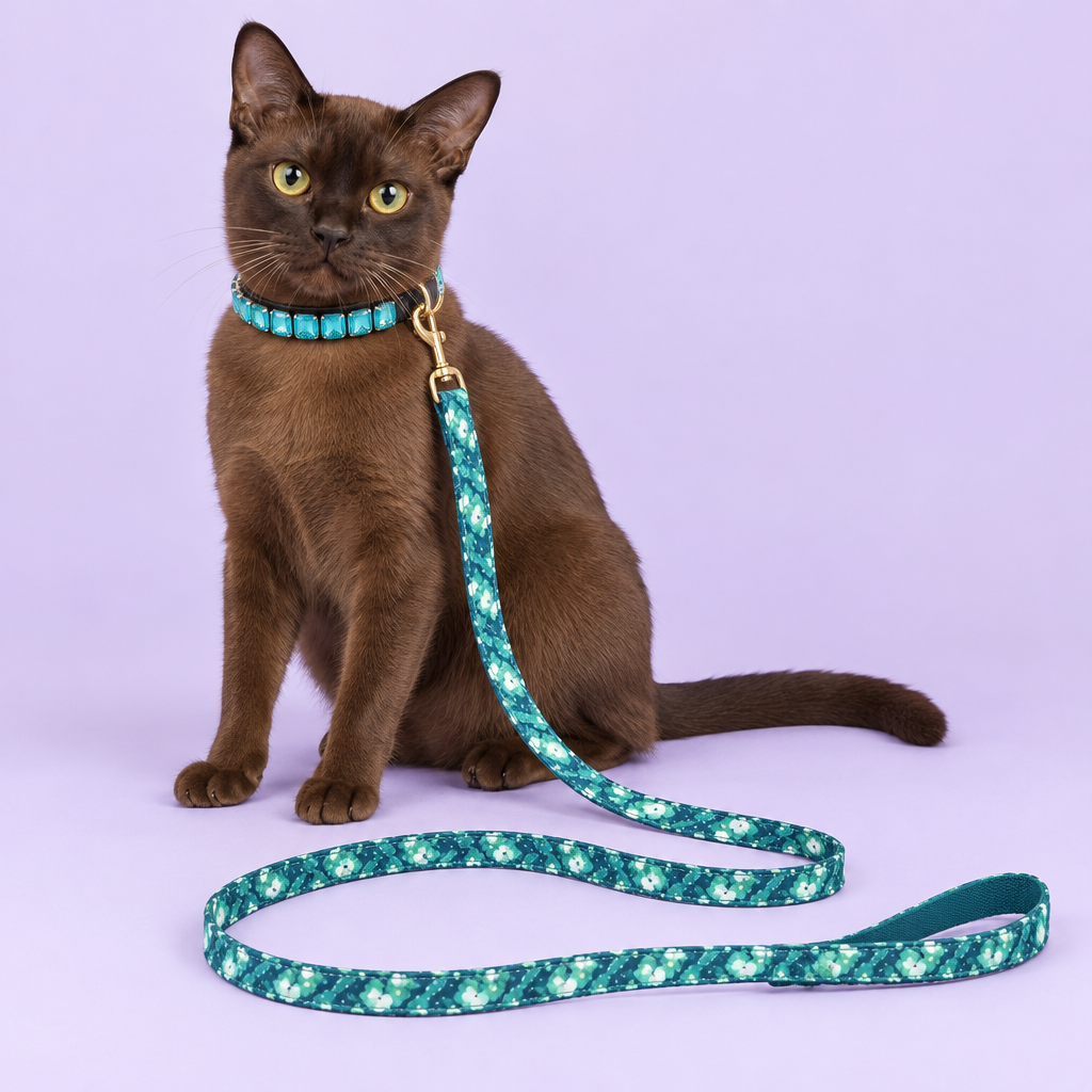Burmese cat with teal crystal collar and teal floral leash