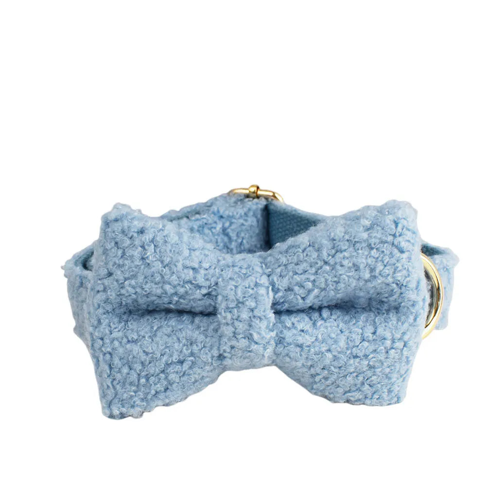 Light Blue Teddy Fleece Dog Collar, Bow Tie & Leash Set