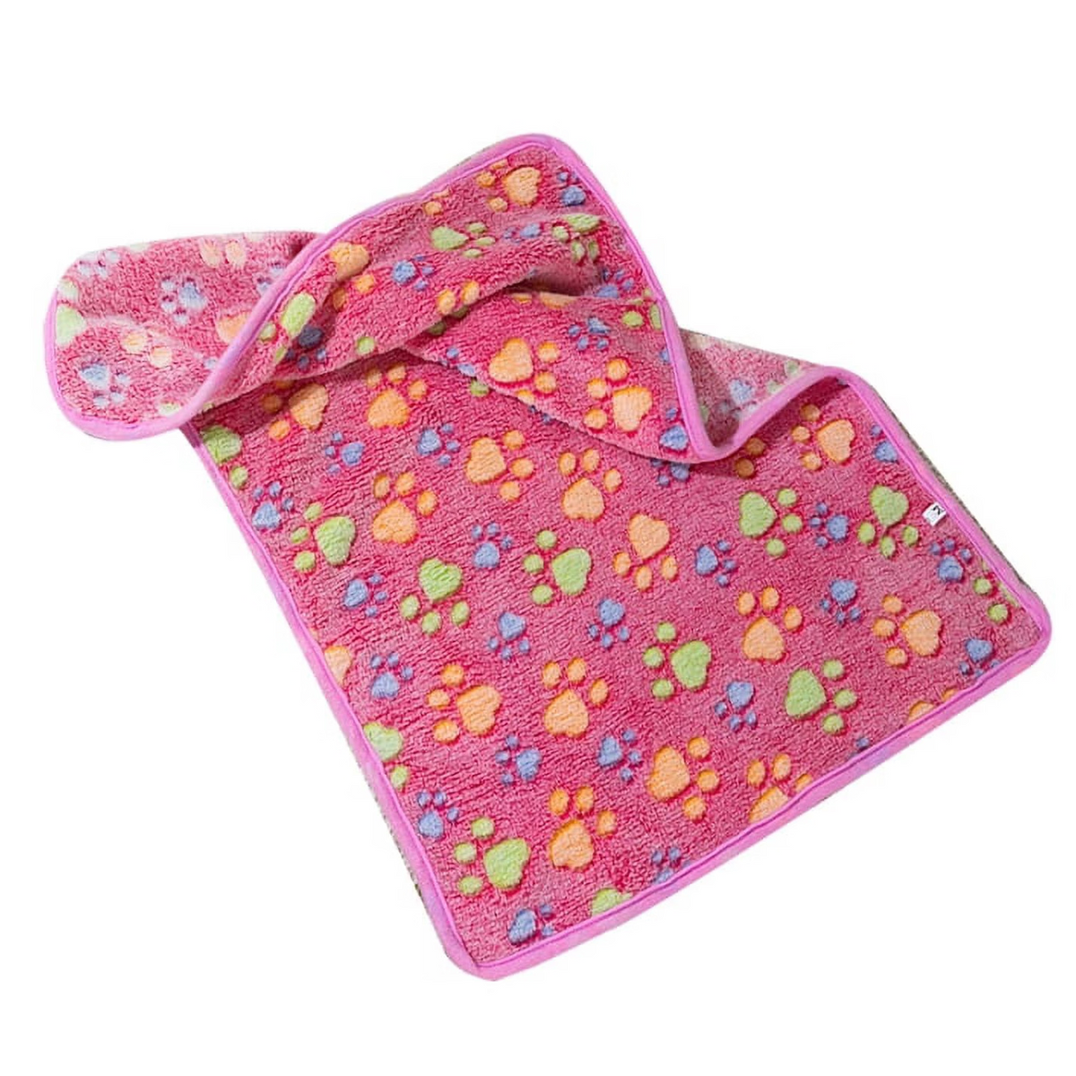 A pink plush pet blanket with a colorful paw print pattern, featuring a matching pink zipper closure or cover, shown on a plain white background.