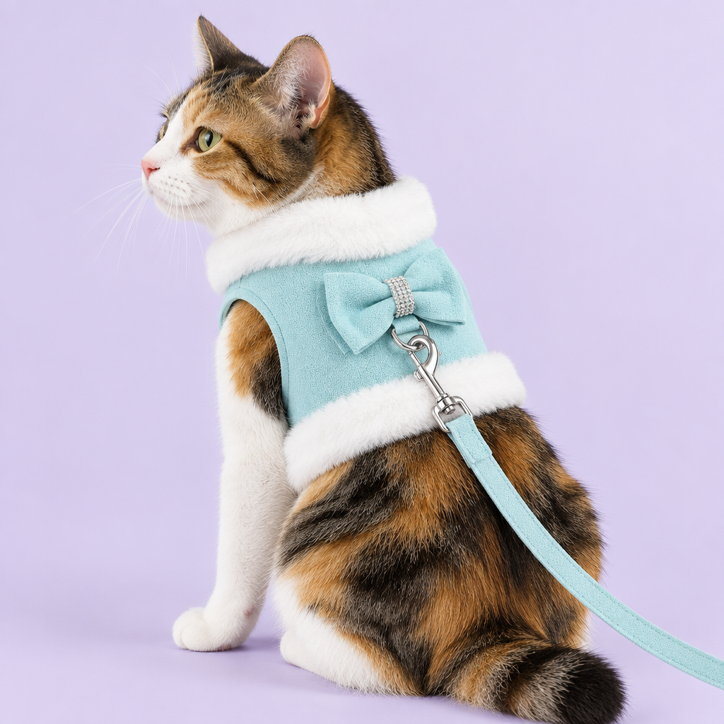 Calico cat in aqua harness