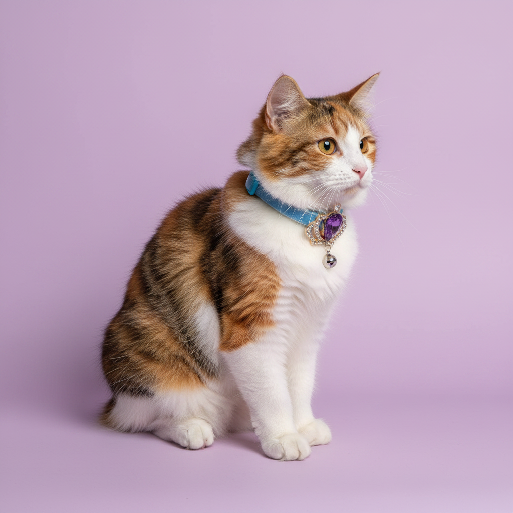 Calico cat wearing sky blue velvet cat collar with gold crown and purple amethyst teardrop gem pendant — luxury cat collar