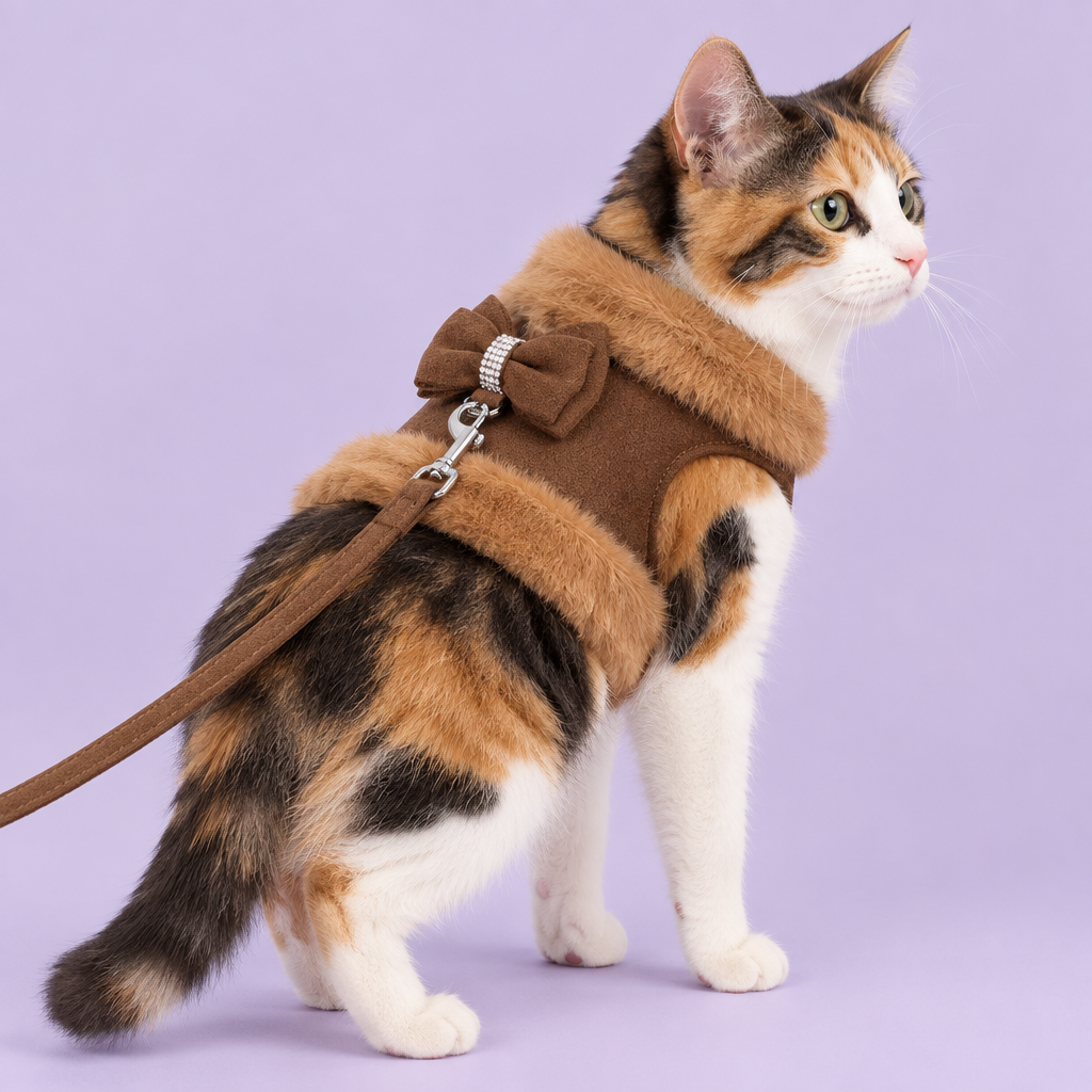 Calico cat in brown harness
