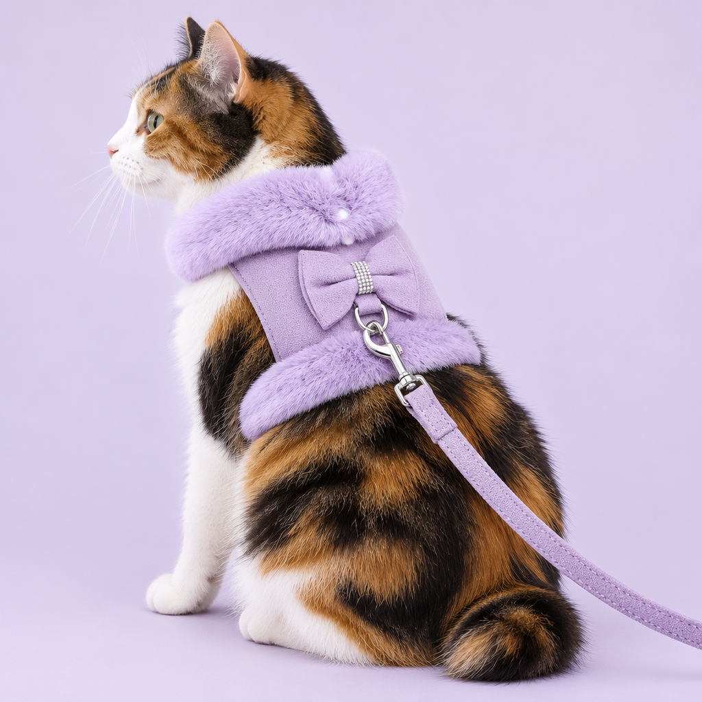 Calico cat in lavender harness