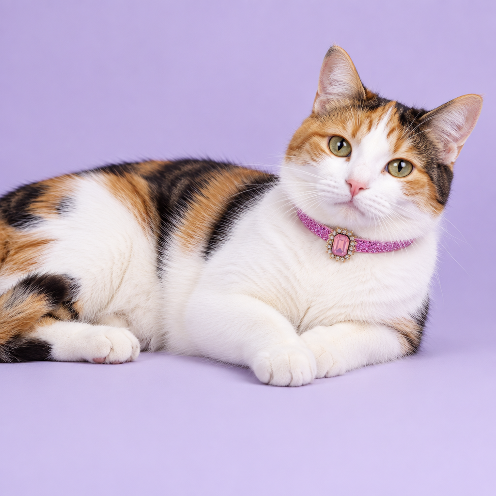 Calico cat reclining on its side