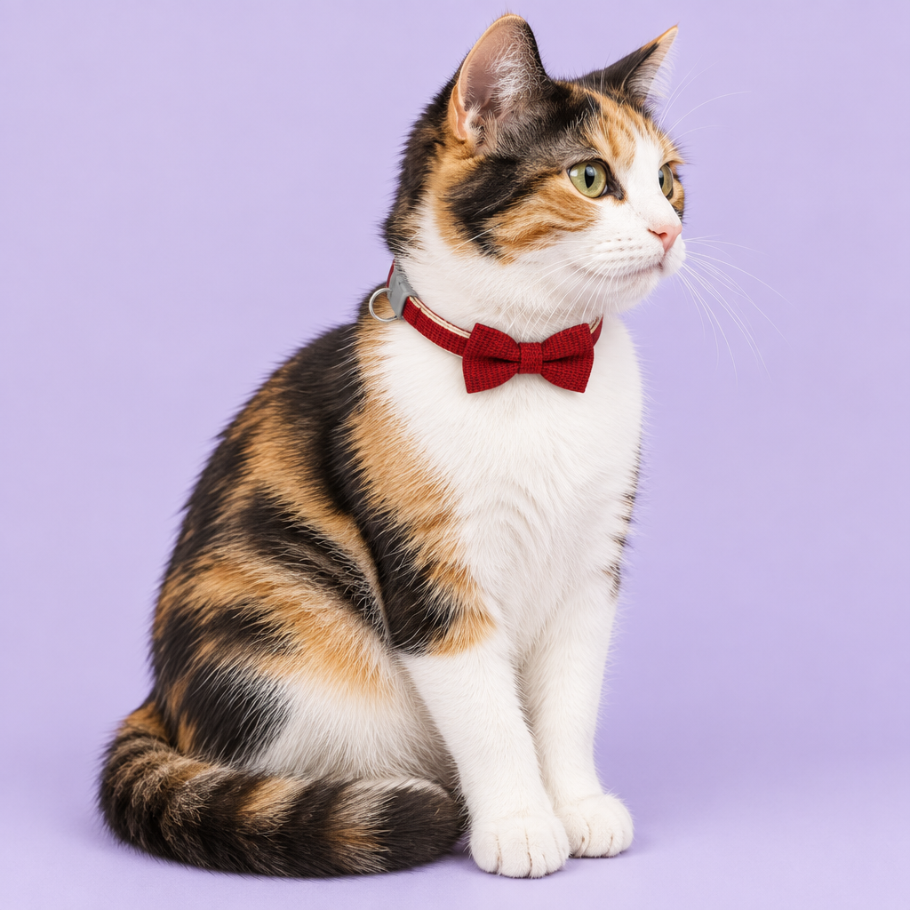 Calico cat seated sideways