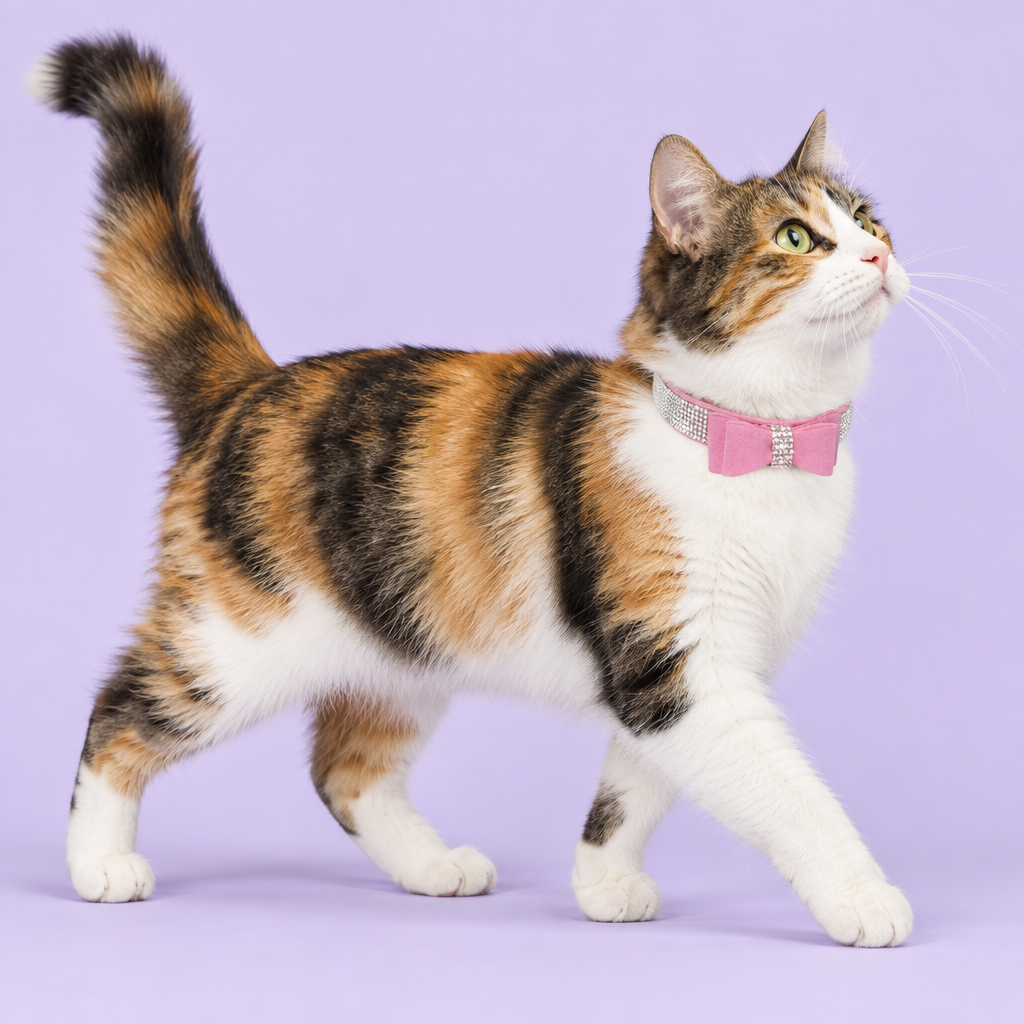 Calico cat walking with an upward off-camera gaze