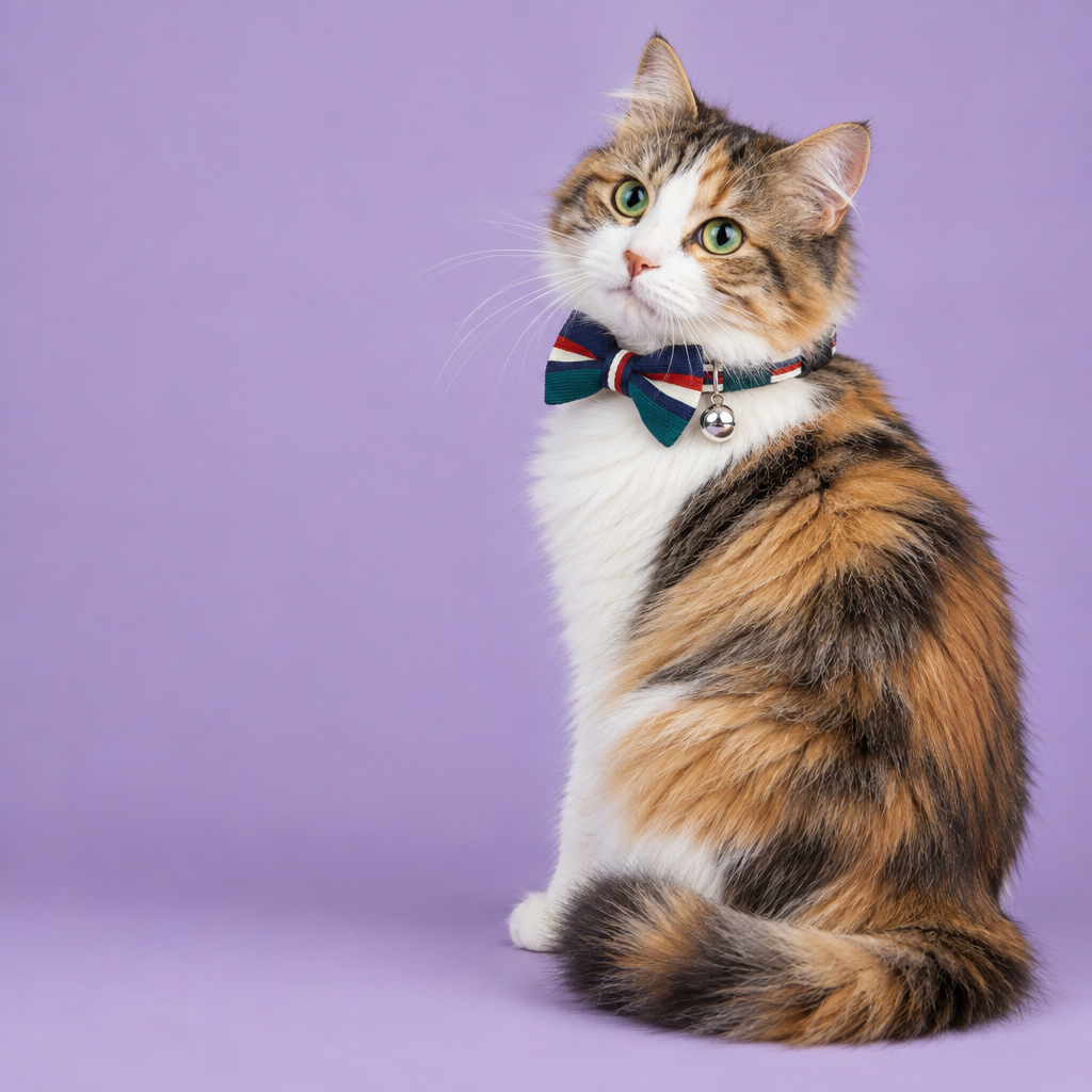 Calico cat wearing the teal and navy bow-tie collar