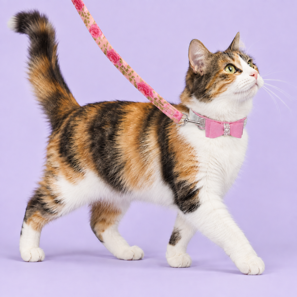 Calico cat with pink floral leash