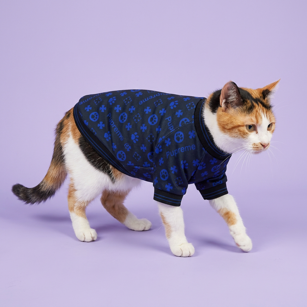Calico gently stepping in the navy patterned top