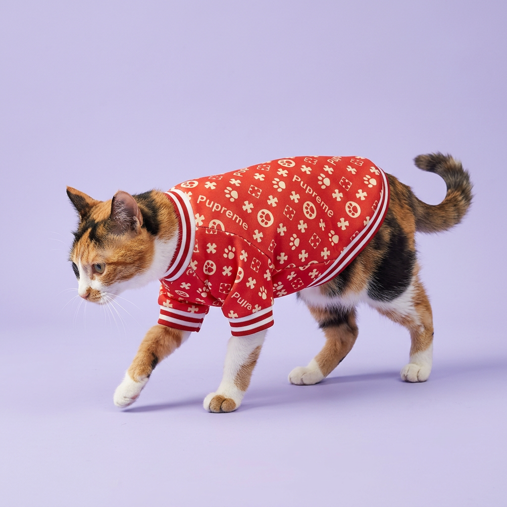 Calico gently stepping in the red patterned top