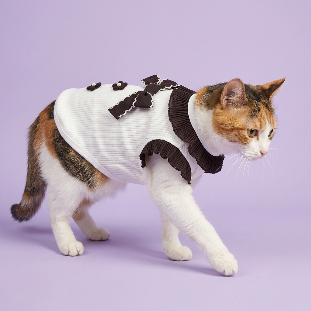 Calico gently stepping in the white top