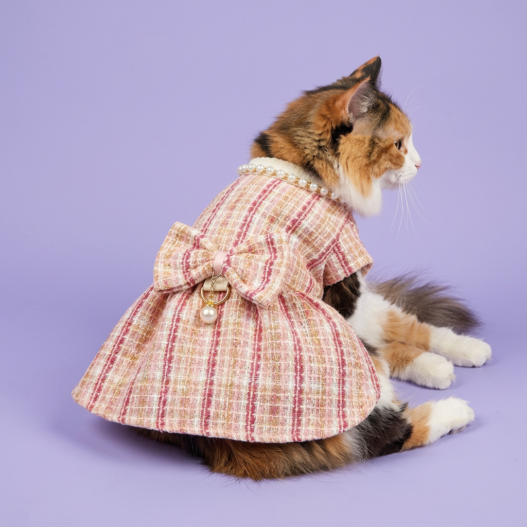 Calico longhair reclining in the pink tweed dress